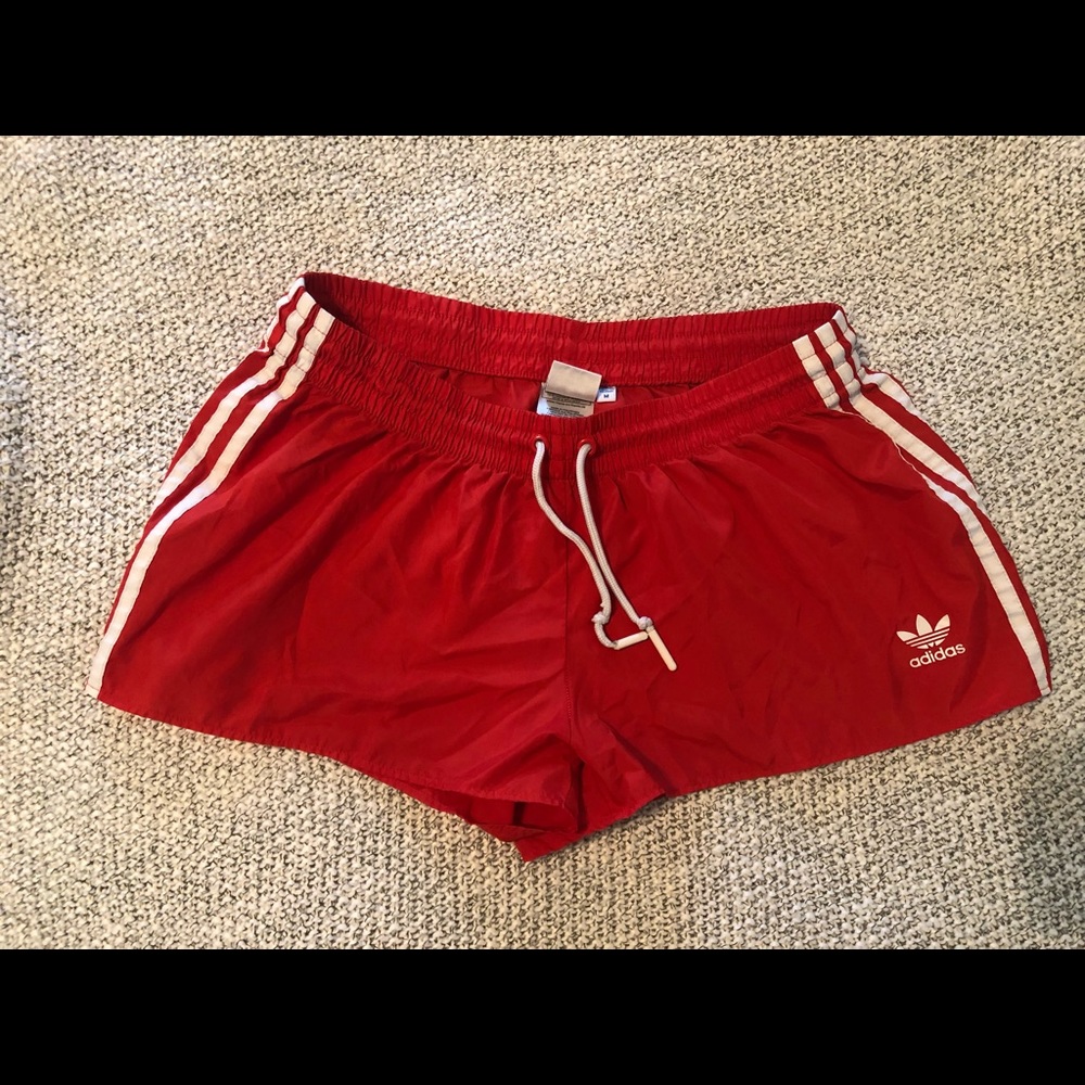 Adidas women’s originals classic red three stripe shorts